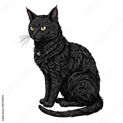 Detailed illustration of a sitting black cat with intricate fur texture and yellow eyes for mystery and halloween concept