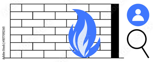 Brick wall with blue flame, user icon, magnifying glass representing digital security, firewall, and data protection. Ideal for cybersecurity, web privacy, firewall systems, threat prevention access
