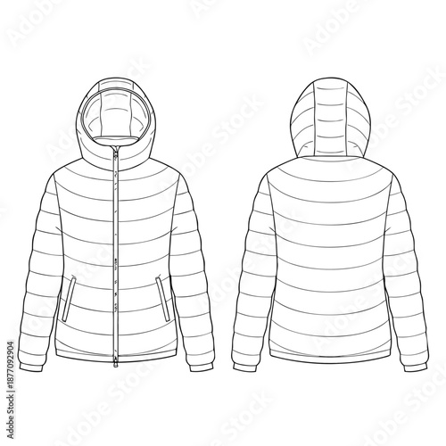 Puffer Jacket Outline Front and Back View Technical Drawing.
