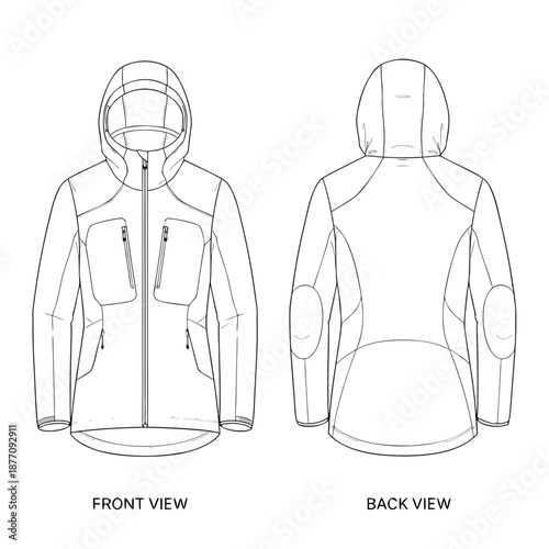 Technical Drawing of a Hooded Outdoor Jacket Front and Back Views.