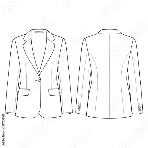 Technical drawing of a classic singlebutton blazer for women.