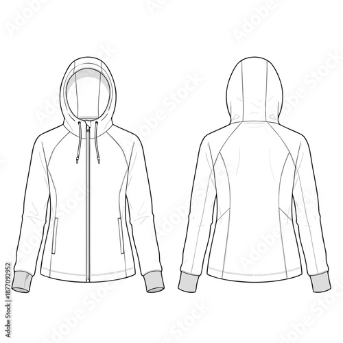 Foto Technical Flat Fashion Sketch of a Womens FullZip Hoodie with Raglan Sleeves and Pockets