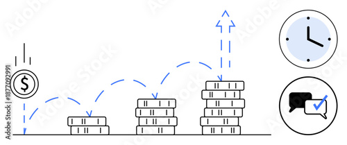 Stacked coins illustrate increasing financial growth, dollar coin investment, clock signifies progression, speech bubble emphasizes collaboration. Ideal for finance, investment, strategy