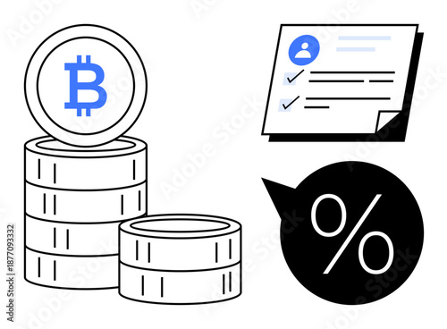 Bitcoin stacks and a contract with checkmarks highlight lending and borrowing with a bold percentage sign. Ideal for crypto finance, interest, investment, blockchain, savings, digital banking