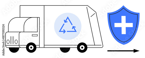 Sustainability, recycling, safety, environmental protection, waste management, logistics progress. Illustrated truck with recycling symbol, arrow points to shield with plus sign. Sustainability