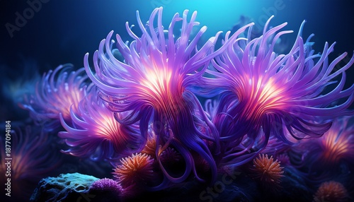 vibrant purple sea anemone tentacles glowing in deep blue ocean water