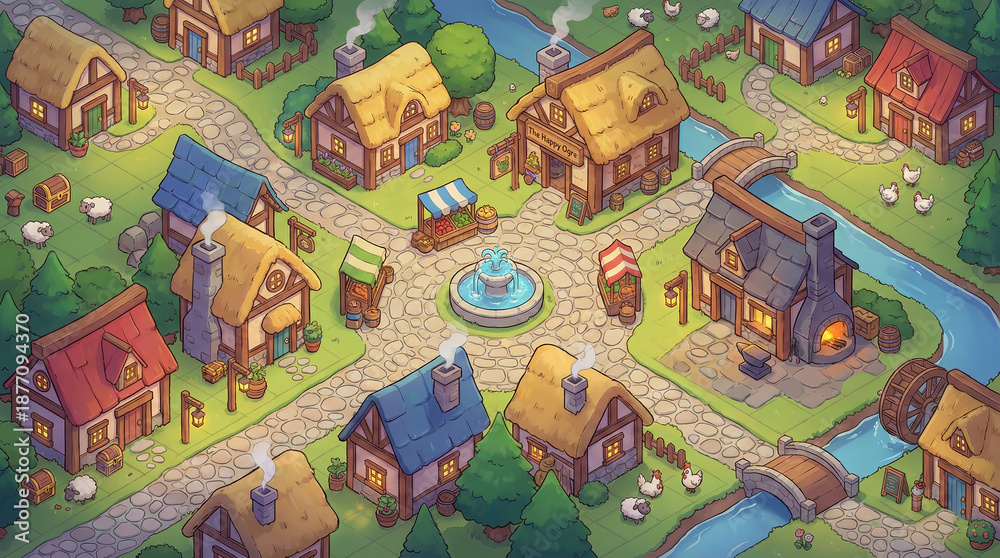 Obraz premium Cute Vibrant Isometric Fantasy [Blacksmith Village] Battle Map - Tabletop RPG Adventure Grid