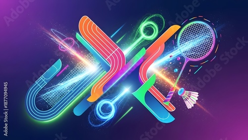 Commonwealth Games 2026 -A vibrant and dynamic illustration of a badminton racket and shuttlecock surrounded by neon lights and colorful shapes