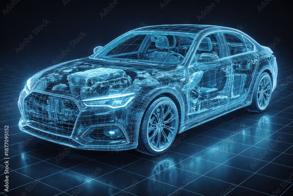 Naklejka premium Futuristic Wireframe Car Hologram, Digital Twin Automotive Engineering Render