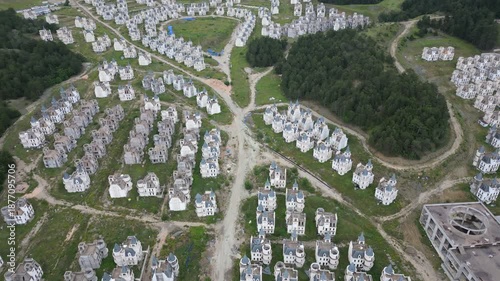 Burj Al Babas ghost town abandoned fairytale castles drone aerial view in Turkey