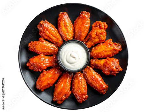 Top View of Spicy Buffalo Chicken Wings in Circular Arrangement on Matte Black Plate, Bold Food Styling