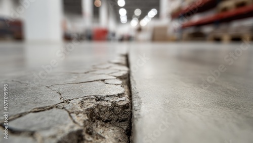 Cracked concrete floor in a warehouse with damaged surface and rough edge.