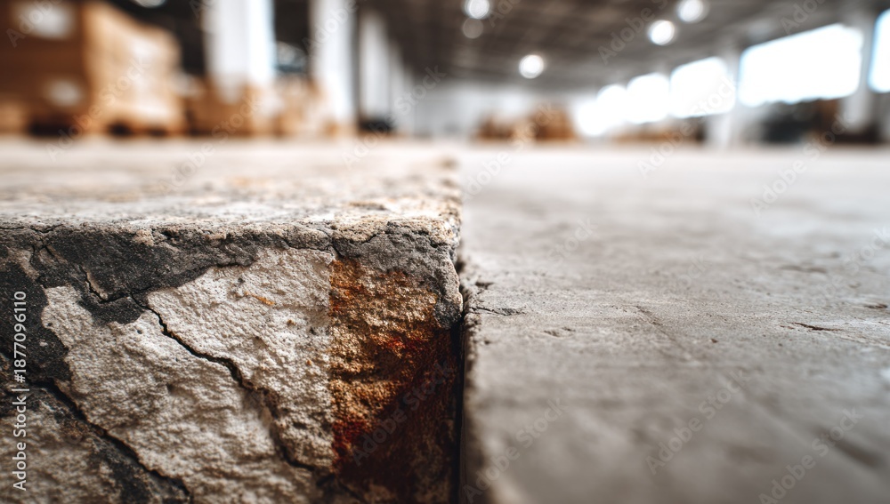 Fototapeta premium A close up of a concrete slab edge in an industrial warehouse setting with rough texture and blurred background.
