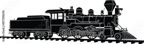 Steam locomotive silhouette illustration featuring classic vintage train engine on railway tracks, historical transportation and industrial heritage 