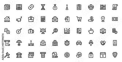 Taxes icon set. Financial vector icons pack. Includes symbols for contract, calculator, invoice, money bag, taxes, bank, investment and more. Editable stroke.