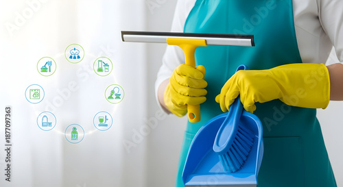 Professional cleaning services provider holding cleaning tools, wearing protective gloves and apron, ready to clean
