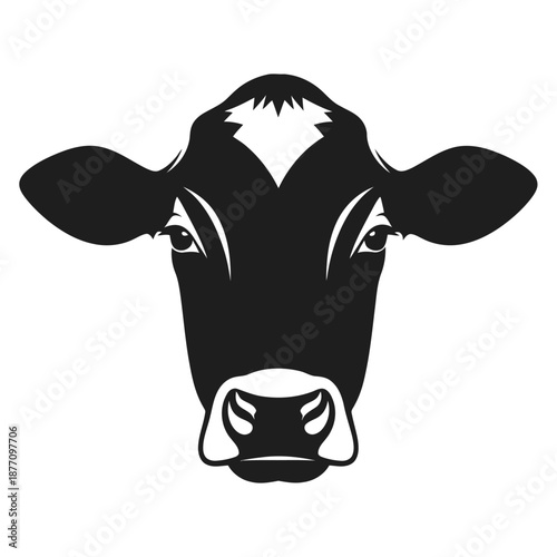 Black and white cow head silhouette logo in bold minimalist vector style, strong symmetrical animal icon isolated on a clean white background.