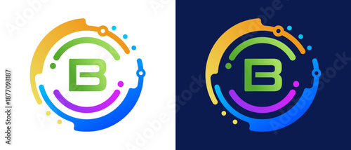 Modern letter “B” logo with circular abstract elements and colorful gradient design,