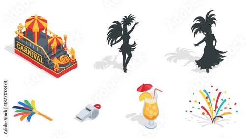A colorful vector graphic illustration of a vibrant carnival scene with tropical elements and festive icons.