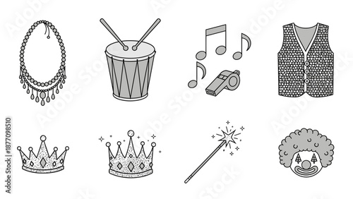 A set of whimsical vector illustrations featuring royal and musical icons in a minimalist style