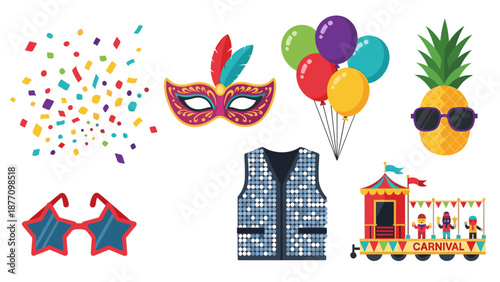 A colorful vector illustration of party icons including confetti, masks, balloons, and carnival elements.