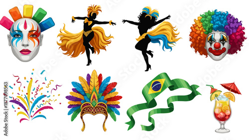 A vibrant collection of colorful carnival icons and illustrations on a