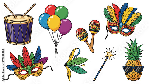 A colorful vector illustration of Mardi Gras icons and symbols on a