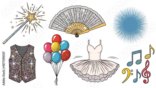 A colorful illustration of various festive and celebratory items on a