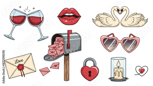 A romantic vector graphic illustration of love and Valentine's Day symbols in a flat design style