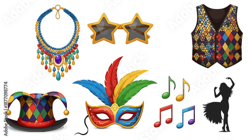 A vibrant collection of colorful Mardi Gras accessories and symbols on a