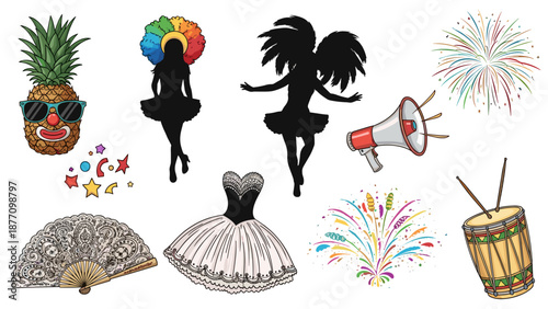 A colorful vector illustration of party icons and symbols on a