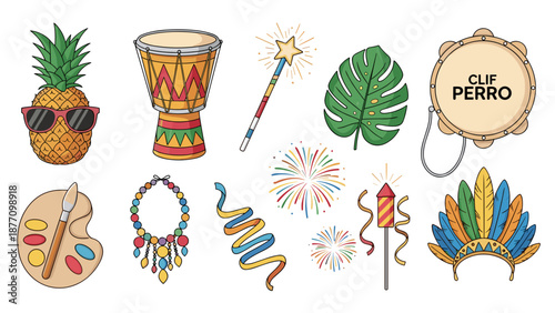 A vibrant collection of colorful Latin American party icons and symbols in a flat vector graphic design