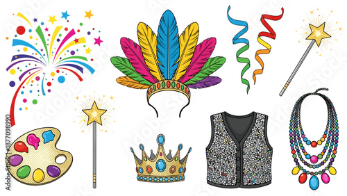 A colorful illustration of various party accessories and decorations for a festive celebration