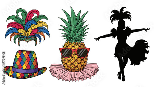 A vibrant illustration of carnival elements including a feathered headdress, a colorful hat, a pineapple with sunglasses, and a dancing woman silhouette.