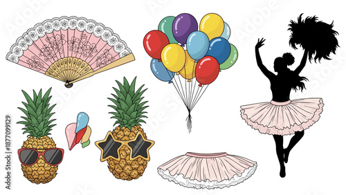 A colorful vector illustration of a ballerina, balloons, and tropical icons on a