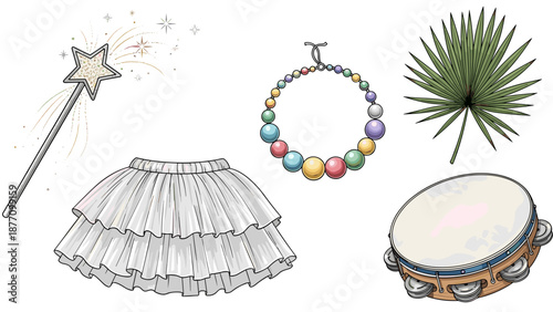 A colorful illustration of various carnival accessories and decorations on a