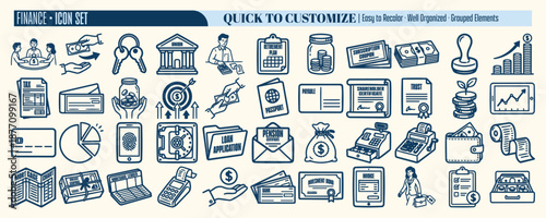 Line art finance icon set close up overview showing assorted banking money icons with hand drawn outline style flat vector desktop blue