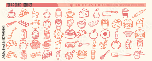 Whimsical doodle vector food and drink icon set close up horizontal banner assorted snacks beverages kitchen tools in peach pink