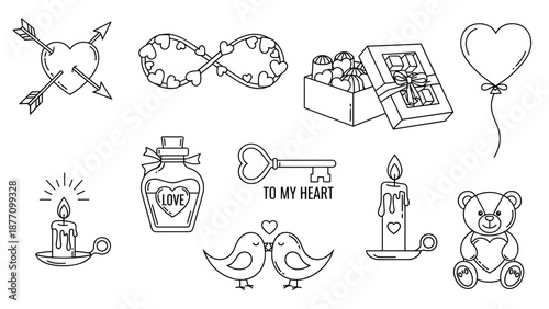 A set of romantic vector icons and illustrations for Valentine's Day or love themed designs