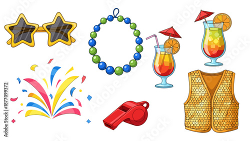 A colorful illustration of party accessories and festive drinks on a