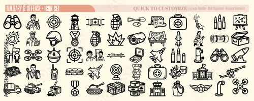 Line art military and defense icon set close up grid showing helmet binoculars tank fighter jet medic kit grenade map radar