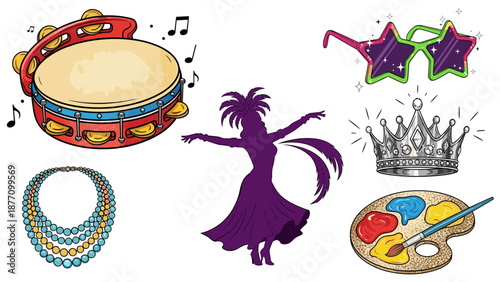 A colorful illustration of various carnival and art supplies on a