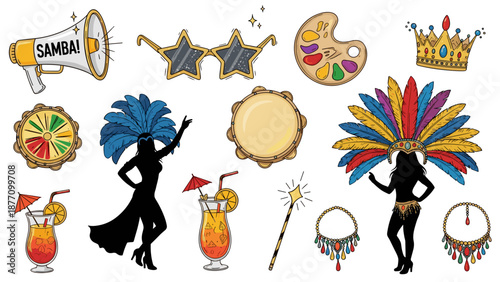 A vibrant vector graphic illustration of various carnival and samba themed icons and symbols