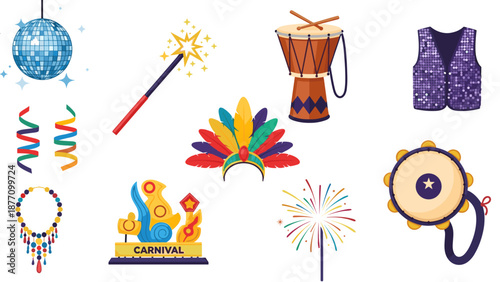 A colorful illustration of various carnival objects and decorations on a