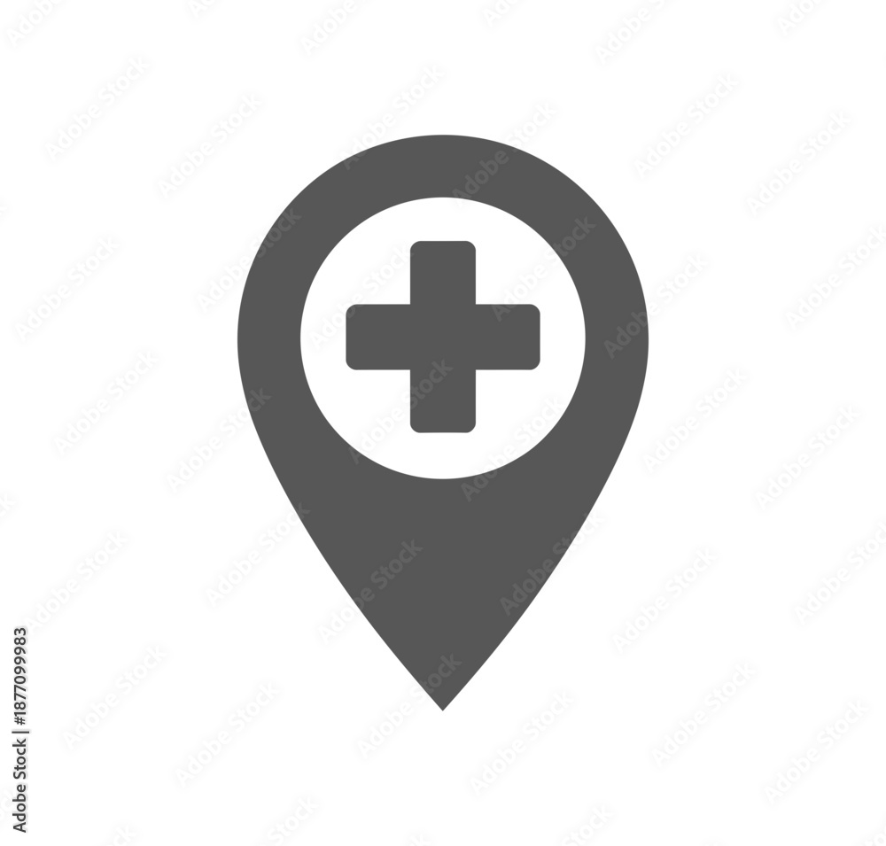 Obraz premium A medical location pin icon with a cross symbol, used for healthcare navigation and marking medical facilities.