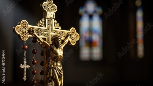 Golden Crucifix on Rosary in Church.