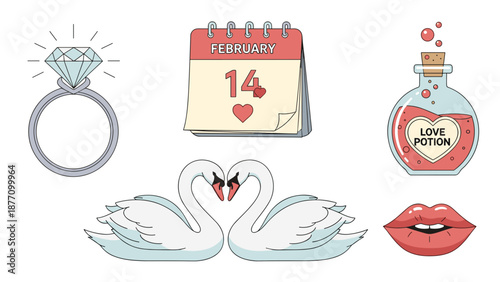 A set of Valentine's Day themed vector graphics including a diamond ring, calendar, perfume bottle, swans, and lips