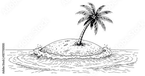 Hand drawn line art illustration of a tropical island with a palm tree depicting an isolated scene for travel and vacation