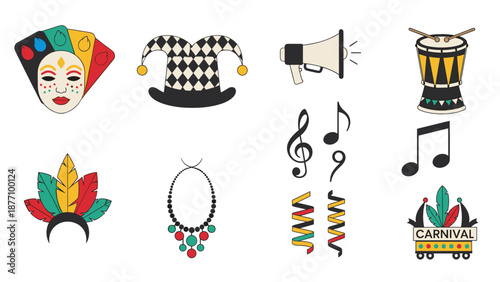 A vibrant collection of colorful carnival icons and illustrations on a