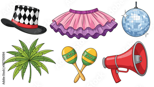 A colorful illustration of various party objects including a hat, skirt, disco ball, and musical instruments